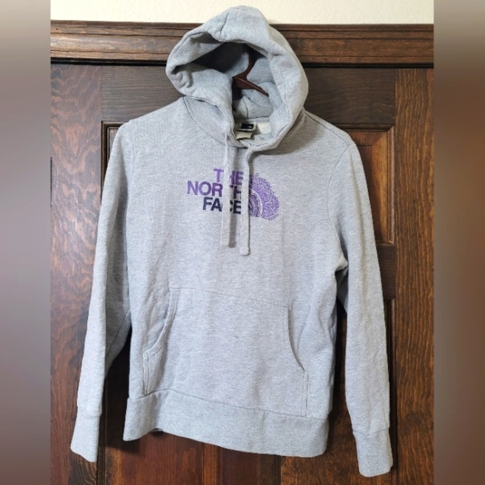 The North Face Women's Heather Gray Hoodie with Purple Logo